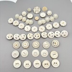 Vintage Carved Early Plastic Buttons – Antique White Floral & Pierced Mix 50 Lot